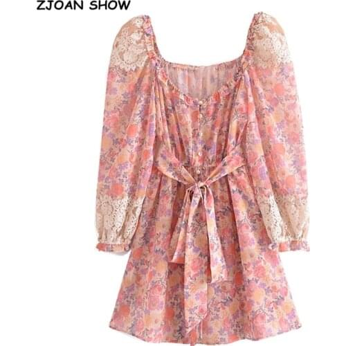 2021 Romantic Retro Spliced Lace Floral Print Shirt Dress Women Long sleeve Bow Tie Sashes One-piece Short Dresses