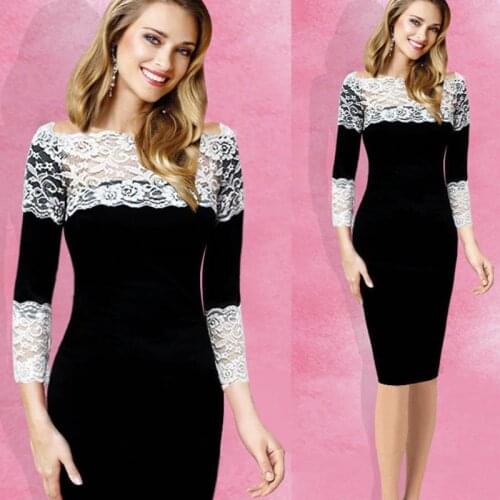 Summer dress new womens dress a word collar tight hollow lace perspective lobes solid color stitching embroidery dress