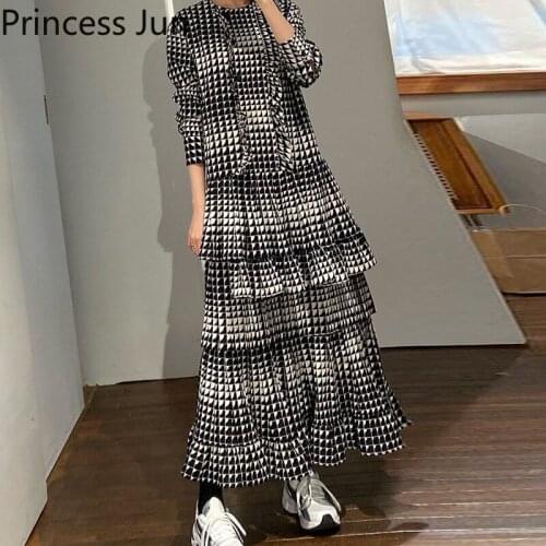 Korean Chic Retro Personality Geometric Printing Dress 2021 New Fashion Women Long Sleeve O Neck Loose Long Cake Dress Vestidos