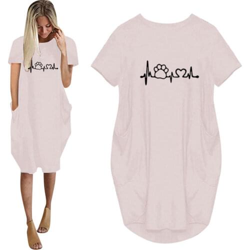 2021 for Women Dog Cat Heart Women Summer Casual Loose Dress With Pocket Ladies Fashion O Neck Long Tops Female T Shirt Dress