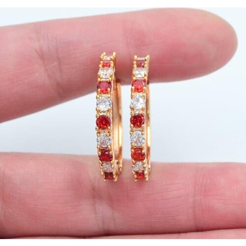 Gold Color Women White Red Cubic Zirconia CZ Huggie Hoop Earrings