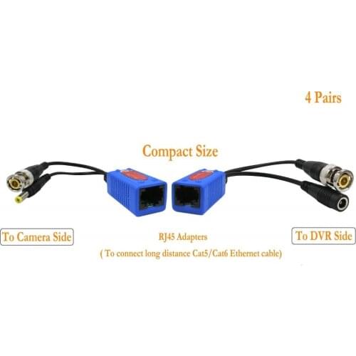 4 Pair Passive Video Balun BNC to RJ45 Adapter with Power Full HD 1080P-5MP Surveillance Security Camera Ethernet Cable