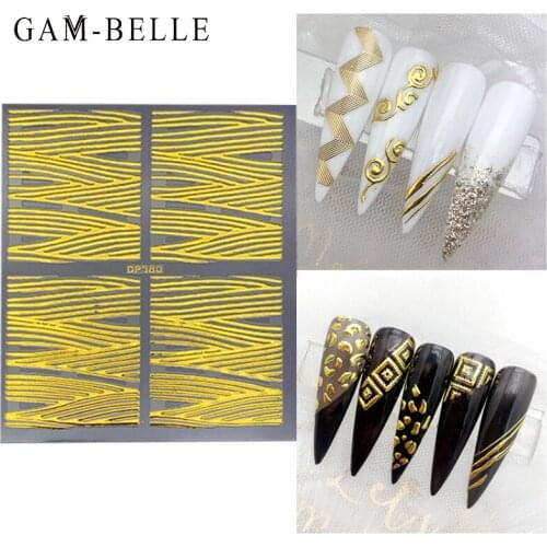 GAM-BELLE 1 Sheet 3D Gold Nail Stickers Stripe Lines Geometric Decals Wraps Adhesive Nail Tips Decorations Salon Accessory
