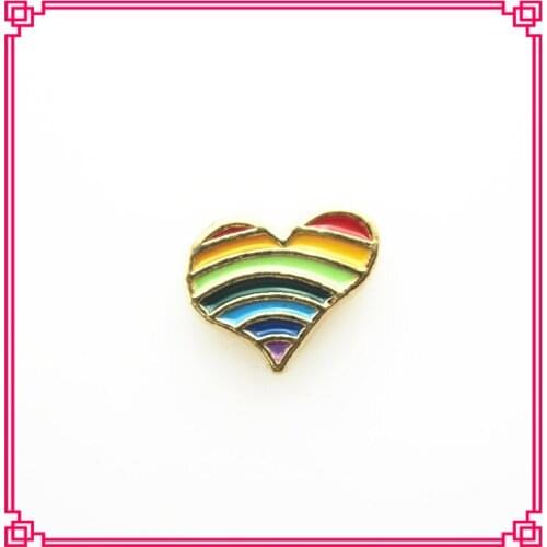 Hot selling gold rainbow heart floating charms living glass floating memory lockets