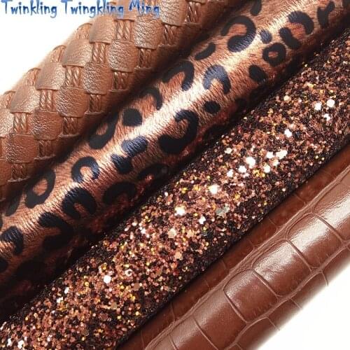 Brown Glitter leather, Leopard Printed Leather, Crocodile Weaving Embossed Faux Fabric For Bow A4 21x29CM Twinkling Ming KM153