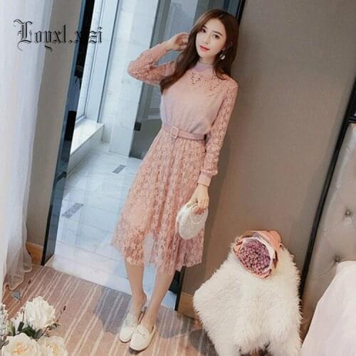 Lace dress 2018 spring new Korean version of womens clothing fashion repair, thin spliced long sleeved long dress LQ'0014