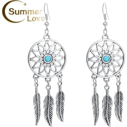 Fashion Hollow Dream Catcher Earrings For Women Silver-Plated Feather Dangle Long Earrings Pendientes Hanging Earrings Brincos