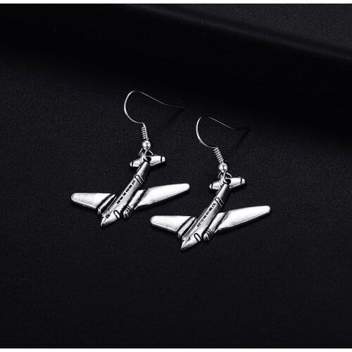 Trendy Vintage Airplane Shape Dangle Antique Silver Plated Earrings for Women Girl Retro Drop Earrings Cute Earring Jewelry