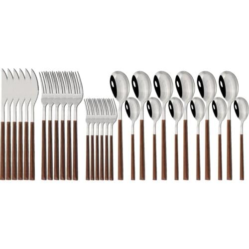Western Dinnerware Set Wood Handle Stainless Steel Silver 6/30Pcs Steak Table Knife Fork Spoon Dessert Fork Flatware Cutlery Set
