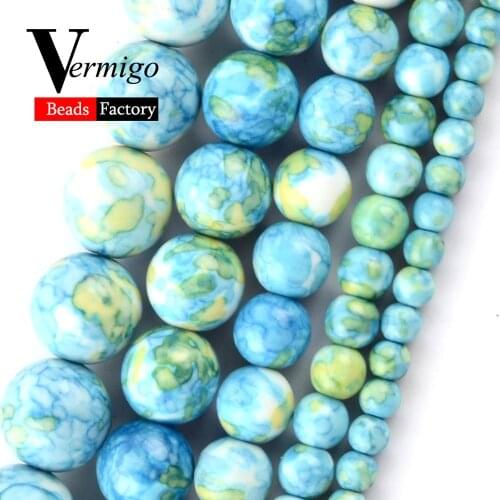 Natural Blue Green Rain Flower Stone Spacer Loose Beads For Jewelry Making 4mm-10mm Round Beads DIY Necklace Bracelet 15"
