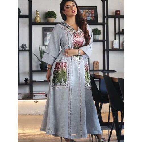 Women Dubai Sequins Jalabiya Maxi Dress Loose Polyester Muslin Embroidery Arab Ethnic Muslim Abaya Evening Party Wedding Brides
