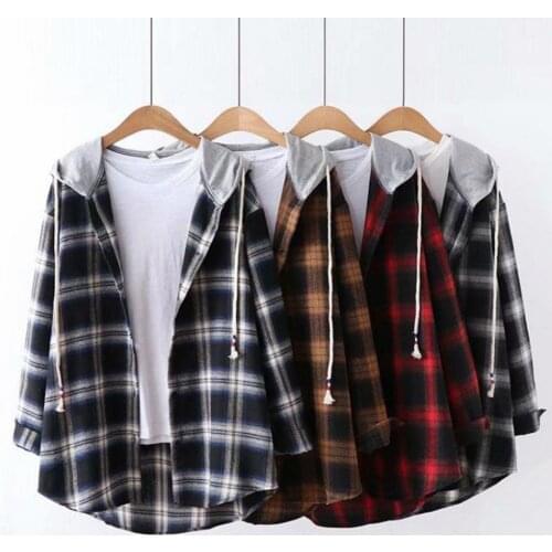 Dropshipping Women Loose Retro Long Sleeve Drawstring Hooded Zipper Plaid Shirt Hoodie Coat