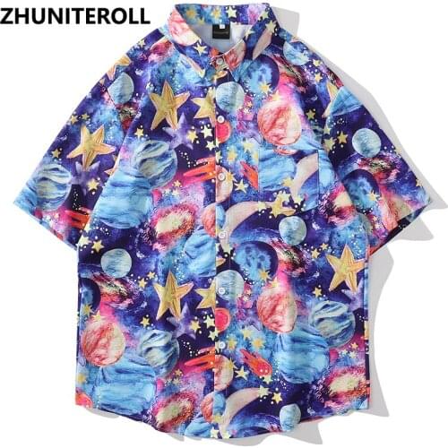 Hip Hop Shirt Men Harajuku Graphics Galaxy Print Summer Beach Shirt Pocket Hawaiian Short Sleeve Fashion Streetwear Clothing