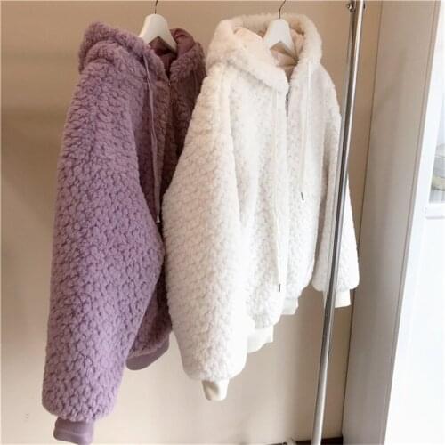 Cute hooded faux lamb plush jacket women winter new thick Korean loose coat