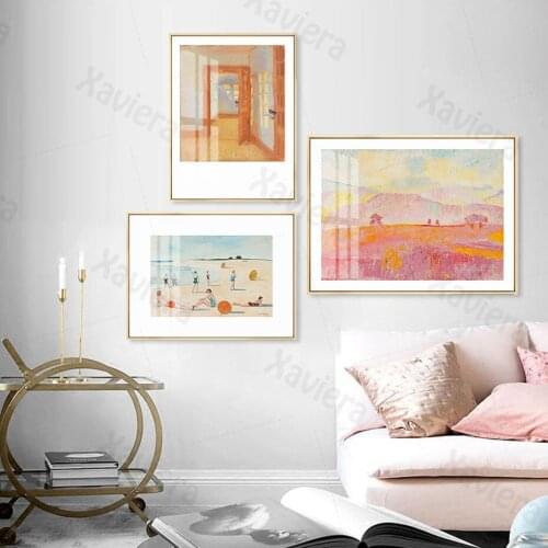 Modern Abstract Beach Landscape Wall Art Poster Pink Mountain Canvas Painting and Print Picture Interior Decoration Room Mural