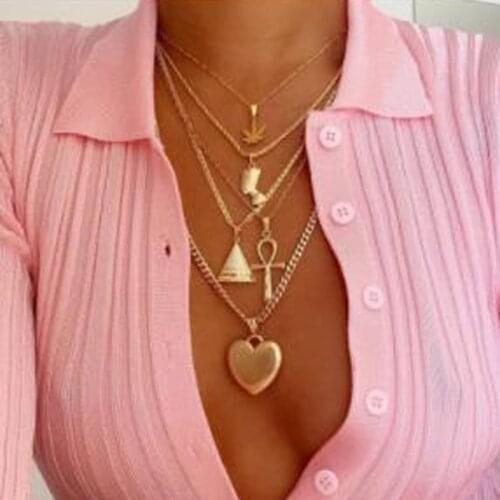 Tocona Metal Punk New Large Gold Heart Cross Triangle Coconut Tree Multiple Layers Pendant Necklace Beach Jewelry Gift 7106