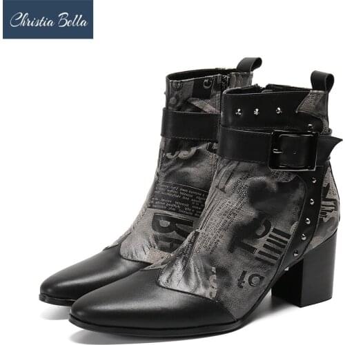 Christia Bella Vintage Print Men Party Formal Boots High Heel Man Ankle Boots Rivets Buckle Motorcycle Boots Club Dress Shoes