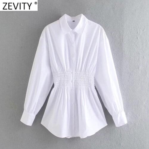 Zevity Women Fashion Turn Down Collar Waist Elastic Pleating White Smock Blouse Office Ladies Slim Shirt Chic Blusas Tops LS9023
