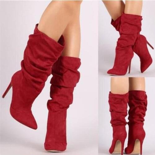 Womens High Boots Pleated Mid Calf High Heel Shoes Thin Heels Suede Boots Women Pointed Toe Sexy Pumps Party Female Winter