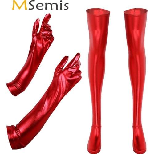 Women Femme Shiny Metallic Patent Leather Costume Set Sexy Wet Look Latex Gloves with Stockings Nightclub Pole Dance Accessories
