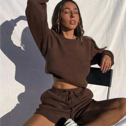 Shorts Sets Women Two Piece Set Outfits Long Sleeve Sweatshirt Sweatshorts Loose Casual Tracksuit 2021 Y2K Tops And Shorts Plus