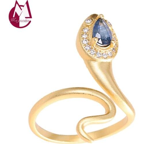 Snake Inlaid Blue Stone Adjustable Finger Ring Real 925 Sterling Silver And Gold Plate Fashion Vintage Jewelry Women 2021 R15