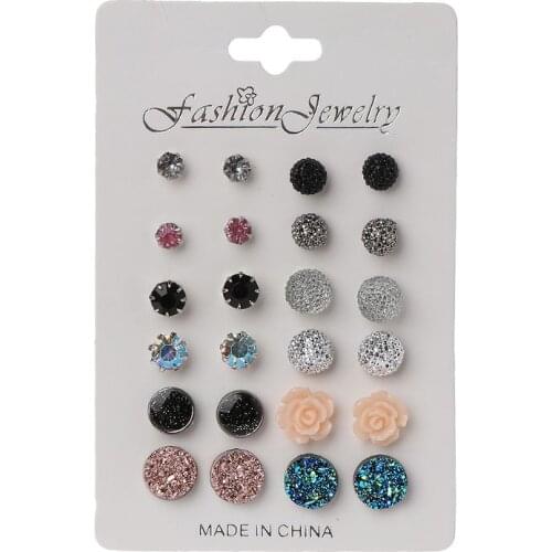 12 Pairs Assorted Crystals Druzy Stone Resin Stone Round Stud Earrings Set Women A0KD