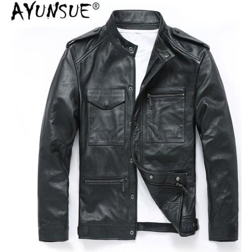 AYUNSUE Genuine Cow Leather Jacket Men Spring Autumn Cowhide Leather Coat Motorcycle Real Leather Jackets Plus Size YZX1953 KJ