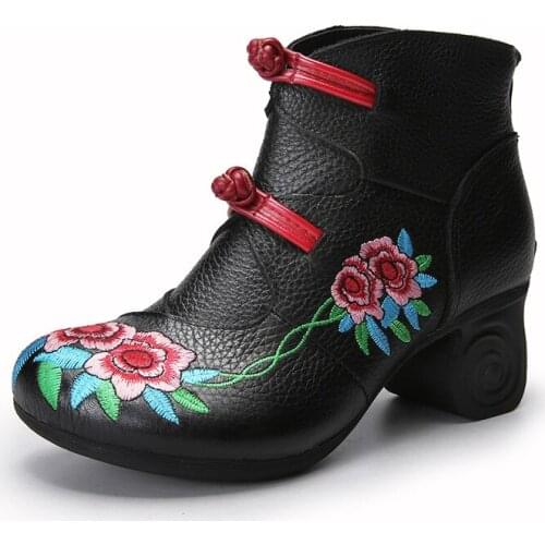 Embroidered Cow Leather Ankle Short Boots For Women 2021 New National Thick High Heels Boots Round Toe Comfortable Single Boots