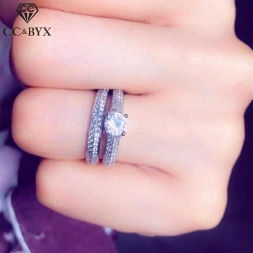 CC Rings For Women 925 Silver Trendy Jewelry 2 Layers Cubic Zirconia Sets Ring Wedding Engagement Bridal Double Bague CC634
