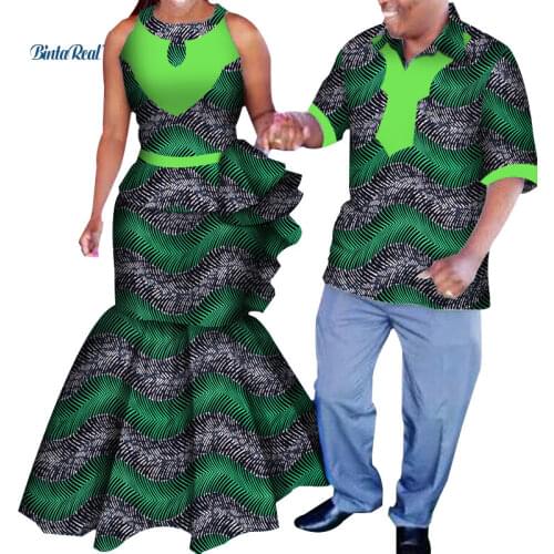 2020 African Print Dresses for Women Bazin Riche Mens Top Shirt Couple Clothing Dashiki Africa Lovers Couple Clothes WYQ148