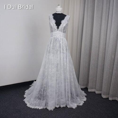 Illusion Lace Wedding Dress V Neck A line Romantic Eyelash Lace High Quality Custom Made