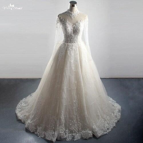 LZ304 Luxury Heavy Bead Long Sleeve Wedding Dress Glittering Appliques Sequined Ball Gown High Collar Backless Bridal Dress