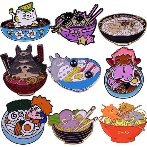 Cute Ramen Enamle Pin Funny Cartoon charaters Eating noodle Brooch Totoro Cat Badge Jewelry