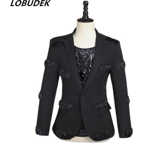 Mens Singer Dancer Host Blazer Black Beading Tassel Casual Coat Bar Club Stage Performance Magician Korean Style Suit Jackets