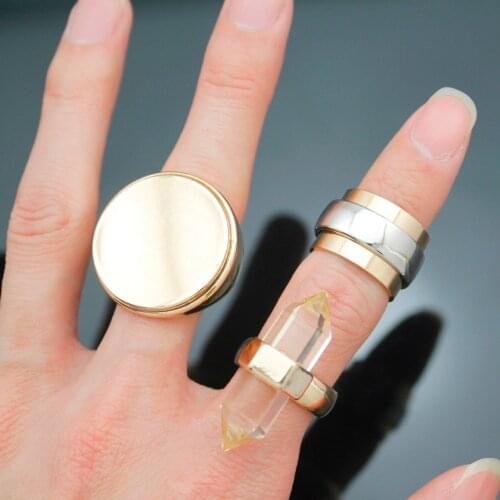 Gold Stainless Steel Quartz Crystal Spike Bali Braided Stone Disc Plain Flat Stack Band Chunky Finger Ring Set Men Jewelry