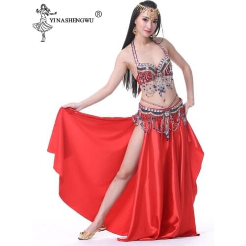 New Women Belly Dance Costume Sets Newest Belly Dance Wear Split Skirt Belly Dance Bra Belt Crystal Tassel Belly Dancing Stage