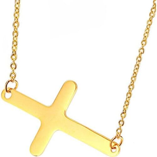 RIR Stainless Steel Sideways Cross Pendant Necklace Women Thin Necklaces with Rolo Chain