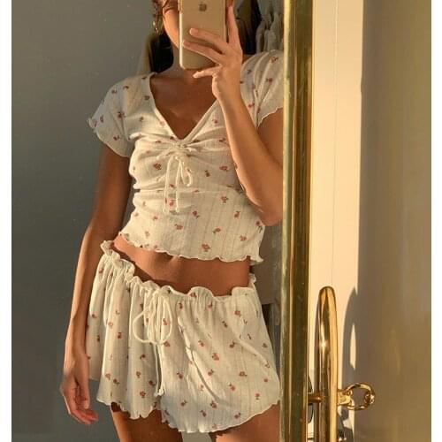 QWEEK Floral Print Pijama Sexy Pajamas for Women Summer 2021 Sleepwear White Suits with Shorts Ruffle Pyjamas V-Neck Set 2 Piece