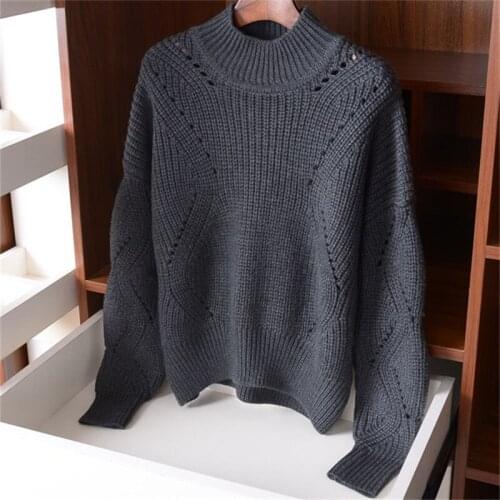 Pure wool solid knit women fashion hollow out Oneck thick pullover sweater black 4color S-L retail wholesale