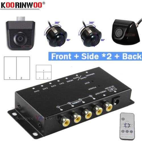 Koorinwoo 360 Round Remote Control Split Parking For 4 Cameras Switch Combiner Channel Box CCD Left Right Front Rear View Camera