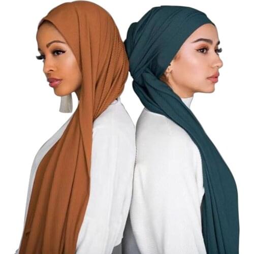 Muslim Jersey Hijabs Stretchy Cotton Scarf Women Muslim Hijab Ribbed Shawl Plain Wrinkle Scarves for Ladies Bandana 180*85cm 1pc