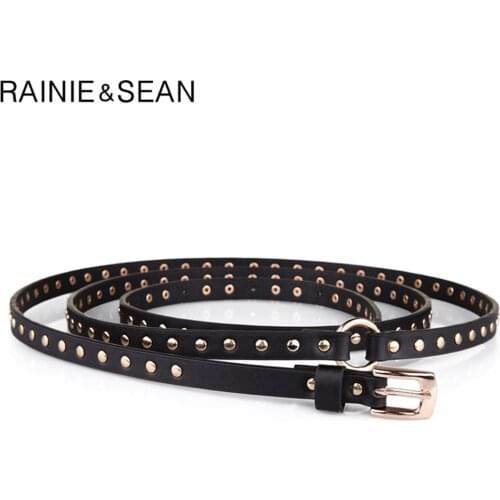 RAINIE SEAN Punk Rock Belts for Women Black Rivet Women Belt Streetwear Thin Extra Long 190cm Ladies Pin Buckle Leather Belt