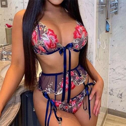 Sexy Women Floral Embroidery Exotic Sets with Ribbon See-through Deep V-neck Bra Underwear Mesh Bra Panties Set 2020
