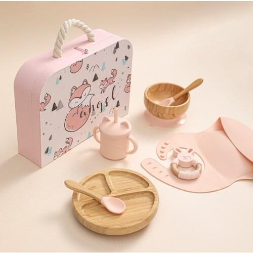 1Set Silicone Baby Feeding Bowl Wooden Dinner Plate Bib Waterproof Fork Spoon Learn To Drink Cup Pacifier Nipple Plate Gift Box