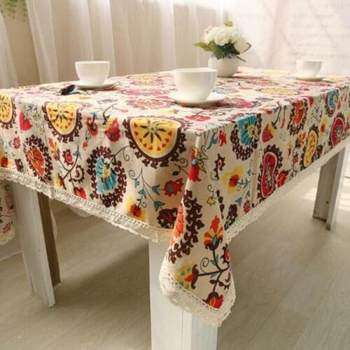 Ethnic Bohemian Style Tablecloth Cotton and Linen Floral Table Cover Home Kitchen Dining Table Cloth Home Textile Home Decor