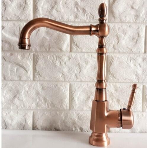 Swivel Spout Antique Red Copper Bathroom Faucet Deck Mounted Single Handle Cold and Hot Water Taps Basin / Sink Faucets lnf415