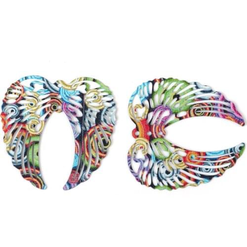 Iron Based Alloy Enamel Painting Pendants Wing Green Multicolor Filigree 40mm(1 5/8") x 40mm(1 5/8"), 5 PCs