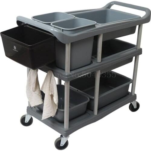 Hotel dining car three-tier carts collecting food trucks collecting bowls with trash can multi-function plastic trolley