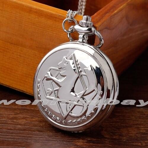 Unique Silver Full Metal Alchemist Quartz Pocket Watch Necklace Chain New Fashion Men Women Watches Gifts saat Relogio De Bolso